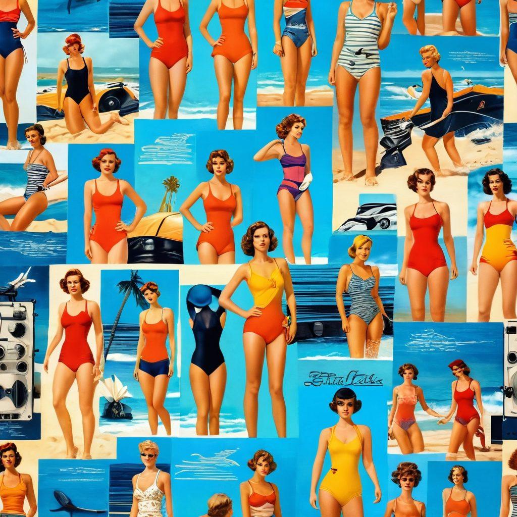 A dynamic collage showcasing iconic swimwear styles from various film eras, featuring vintage swimsuits from the 1920s, colorful 1960s beachwear, and modern high-fashion swim attire. The background should depict a sandy beach with film reels and clapperboards integrated into the scene, symbolizing the cinematic evolution. Soft, sunlit ambiance with vibrant blues and warm tans enhancing the nostalgic feel. retro art style. warm tones. high detail.